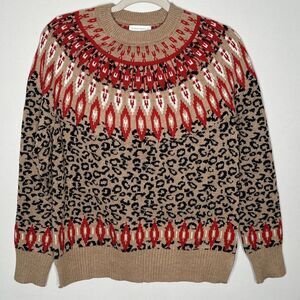 New Charter Club S Sweater Fair Isle Leopard Print Crew Neck Stretch Red Thick